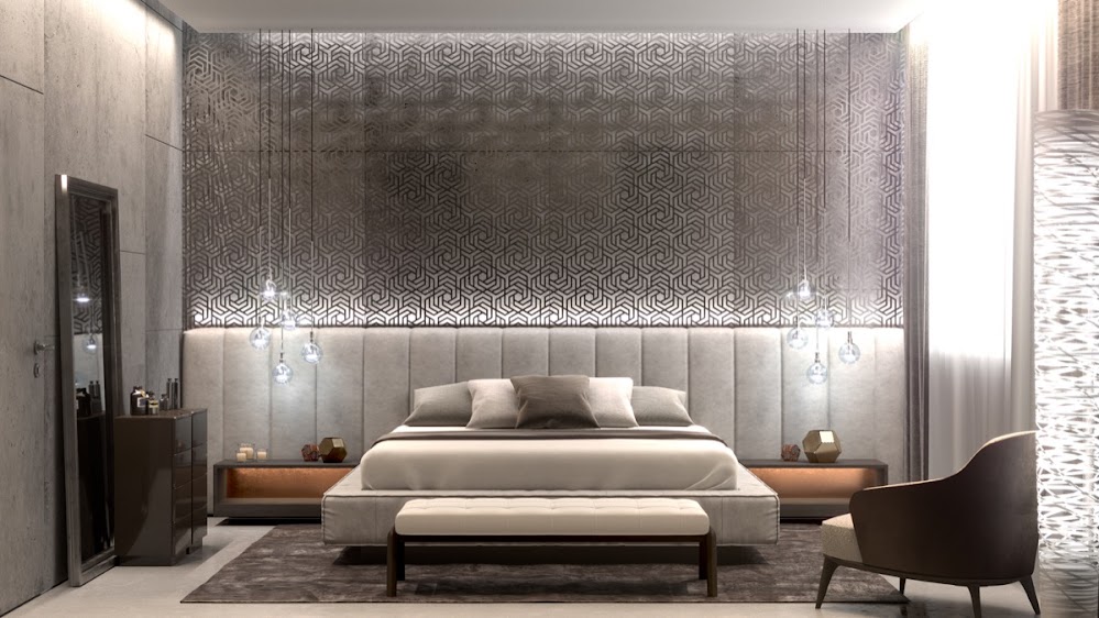 grey-toned-with-pendant-bedroom-gray-accent-wall