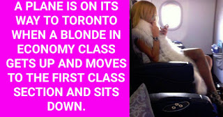 Funnygrannies.blogspot.com A PLANE IS ON ITS WAY TO TORONTO WHEN A BLONDE IN ECONOMY CLASS GETS UP AND MOVES TO THE FIRST CLASS SECTION AND SITS DOWN.    THE FLIGHT ATTENDANT WATCHES HER DO THIS AND ASKS TO SEE HER TICKET.    SHE THEN TELLS THE BLONDE THAT SHE PAID FOR ECONOMY CLASS AND THAT SHE WILL HAVE TO SIT IN THE BACK.    THE BLONDE REPLIES, "I am BLONDE, I'M BEAUTIFUL, I'M GOING TO TORONTO AND I am STAYING RIGHT HERE."    THE FLIGHT ATTENDANT GOES INTO THE COCKPIT AND TELLS THE PILOT AND THE CO-PILOT THAT THERE IS A BLONDE BIMBO SITTING IN FIRST CLASS, THAT BELONGS IN ECONOMY AND WON'T MOVE BACK TO HER SEAT.    THE CO-PILOT GOES BACK TO THE BLONDE AND TRIES TO EXPLAIN THAT BECAUSE SHE ONLY PAID FOR ECONOMY SHE WILL HAVE TO LEAVE AND RETURN TO HER SEAT.    THE BLONDE REPLIES, "I am BLONDE, I'M BEAUTIFUL, I'M GOING TO TORONTO AND I am STAYING RIGHT HERE."    THE CO-PILOT TELLS THE PILOT THAT HE PROBABLY SHOULD HAVE THE POLICE WAITING WHEN THEY LAND TO ARREST THIS BLONDE WOMAN WHO WON'T LISTEN TO REASON.    THE PILOT SAYS, "YOU SAY SHE IS A BLONDE? I'LL  HANDLE THIS, I am MARRIED TO A BLONDE. I SPEAK BLONDE."    HE GOES BACK TO THE BLONDE AND WHISPERS IN HER EAR, AND SHE SAYS, "OH, I'M SORRY." AND GETS UP AND GOES BACK TO HER SEAT IN ECONOMY.    THE FLIGHT ATTENDANT AND CO-PILOT ARE AMAZED AND ASKED HIM WHAT HE SAID TO MAKE HER MOVE WITHOUT ANY FUSS.    "I TOLD HER, 'FIRST CLASS ISN'T GOING TO TORONTO."