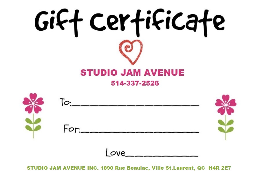 Studio Jam Avenue Montreal Gift certificates/ Certificatscadeaux