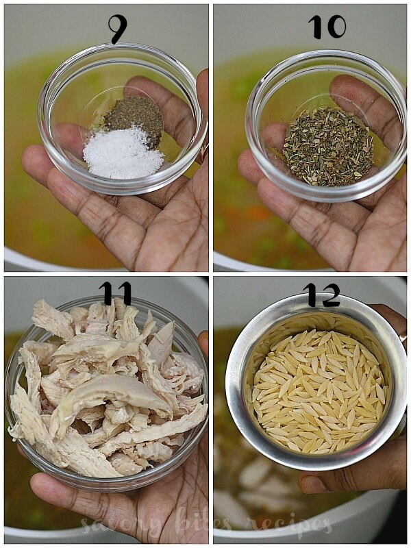 steps to make chicken orzo soup - add salt,pepperpowder,italian seasoning,chicken,orzo