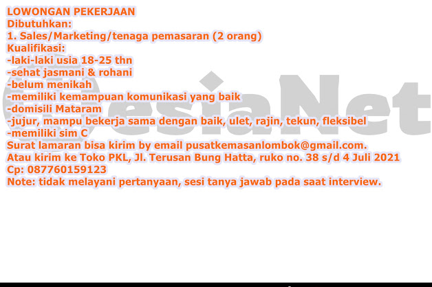 Lowongan Kerja Pusat Kemasan Lombok Mataram NTB Lowongan Kerja Pusat Kemasan Lombok Mataram NTB