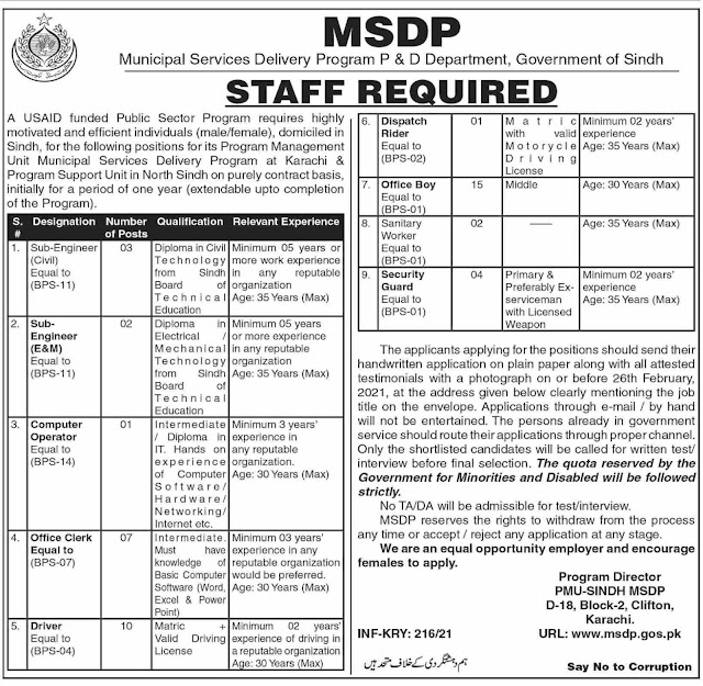 Municipal Services Delivery Program P & D Department jobs 2021, govt of sindh jobs 2021. STAFF REQUIRED