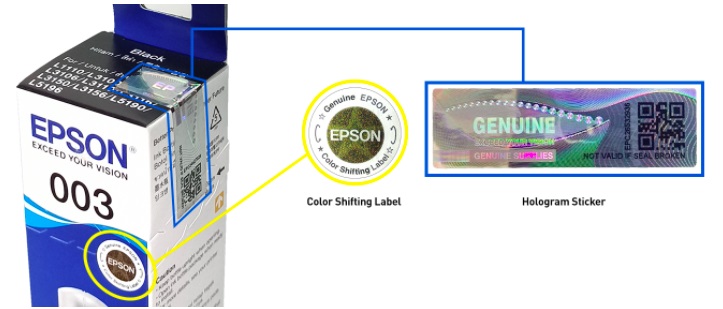 To ensure that you are purchasing an authentic Epson ink bottle, look for the Genuine Epson Color Shifting Label and Hologram Sticker on the packaging Epson Genuine Inks