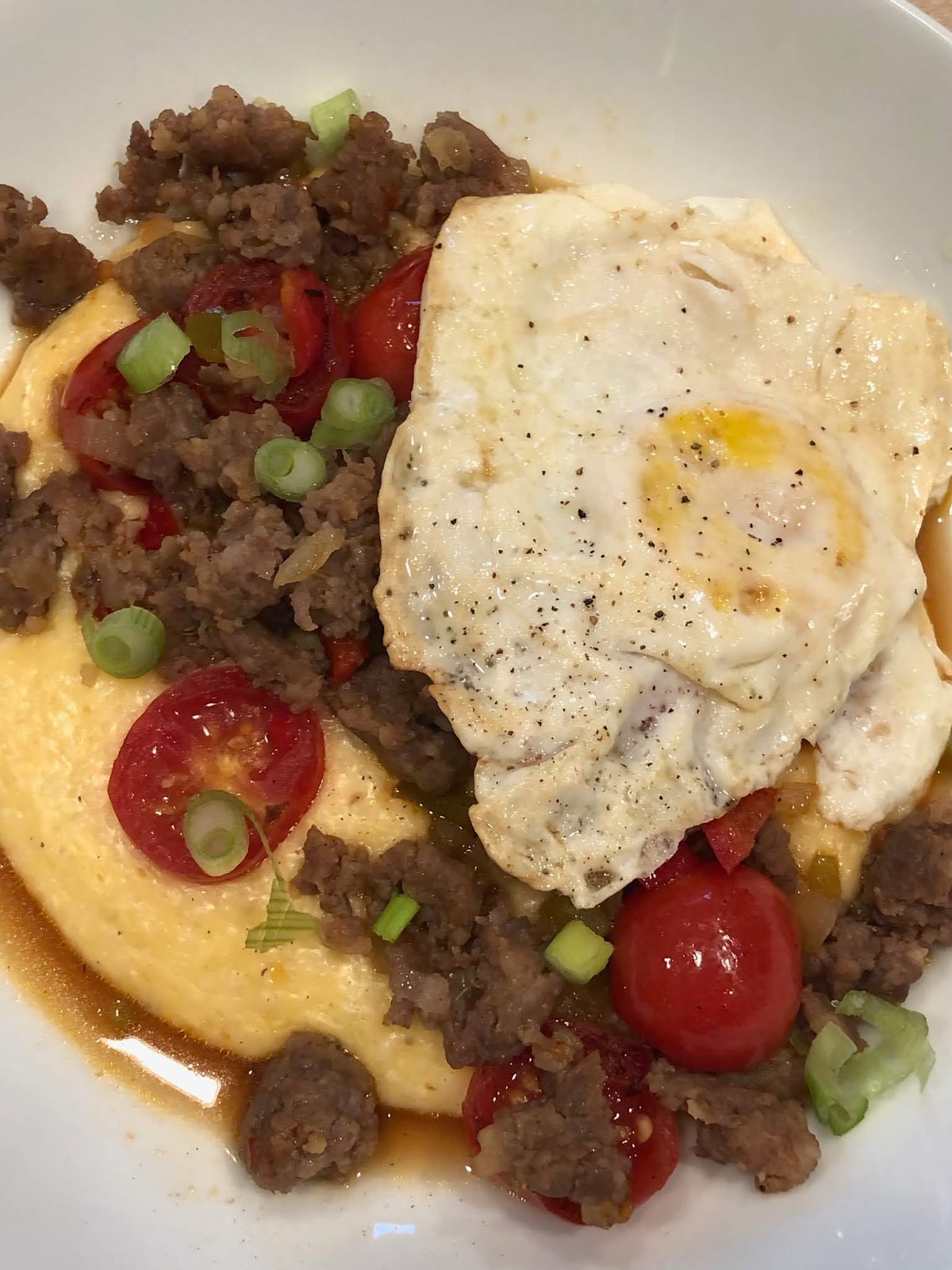 Dawn's Recipes Italian Sausage with Cheddar Grits and Cherry Tomatoes