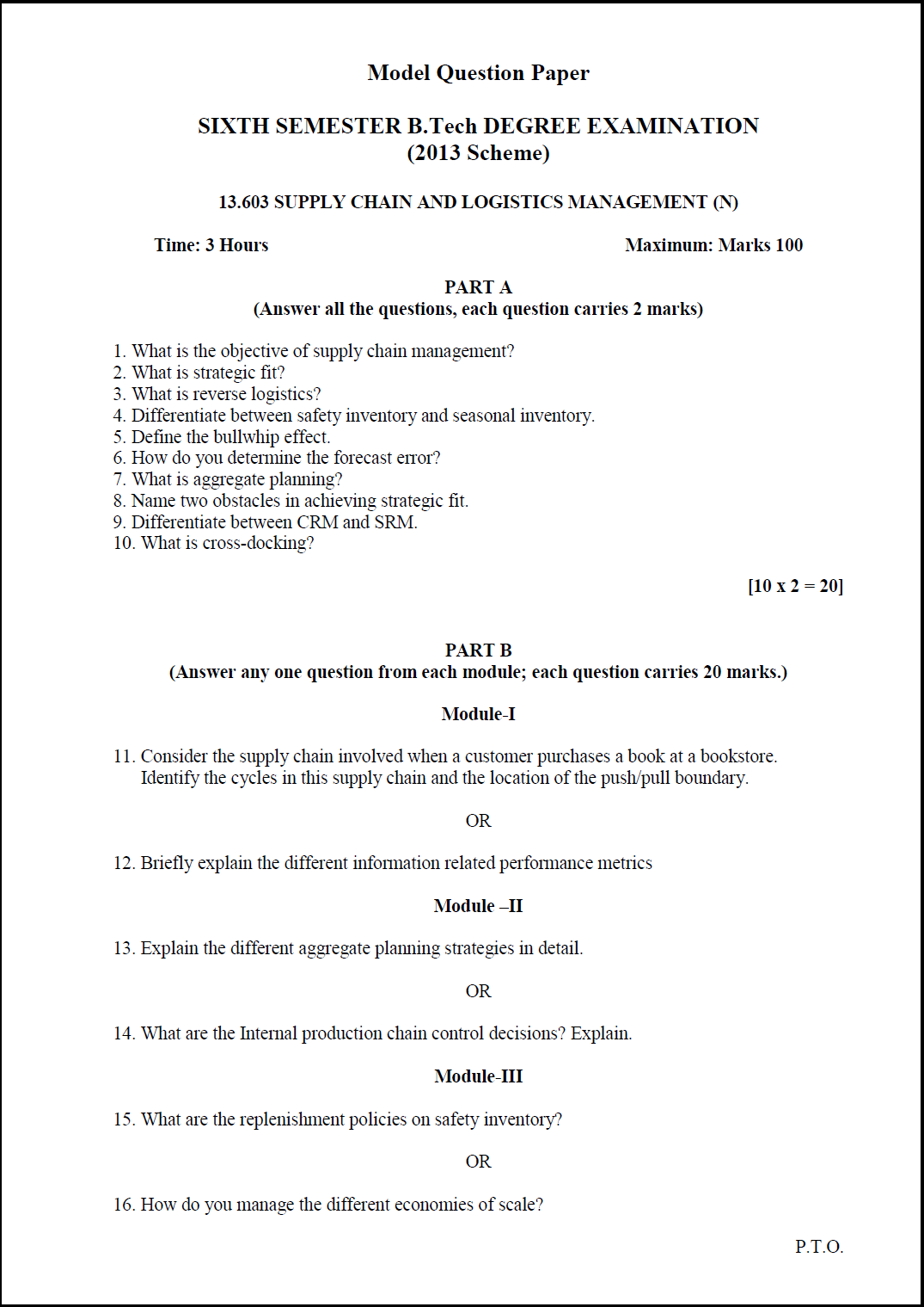 Kerala University B Tech Supply Chain And Logistics Management (N) 2016