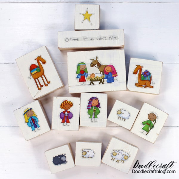 Make a darling Christmas Nativity set with wood blocks in this creative craft kit. These cute little Christmas nativity stickers have been a hit on my website since 2012. These cute stickers are not my art, but I love using them as the perfect Nativity sets for children. Tell the sweet story of Christmas easily with these hands-on blocks.