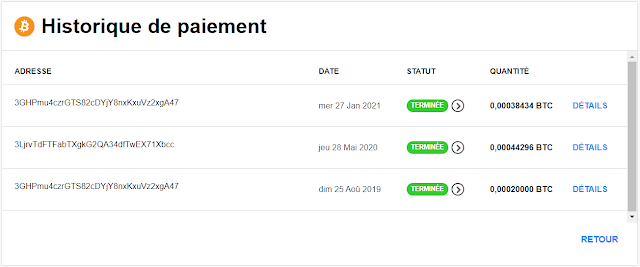 Historique de paiement du navigateur CryptoTab