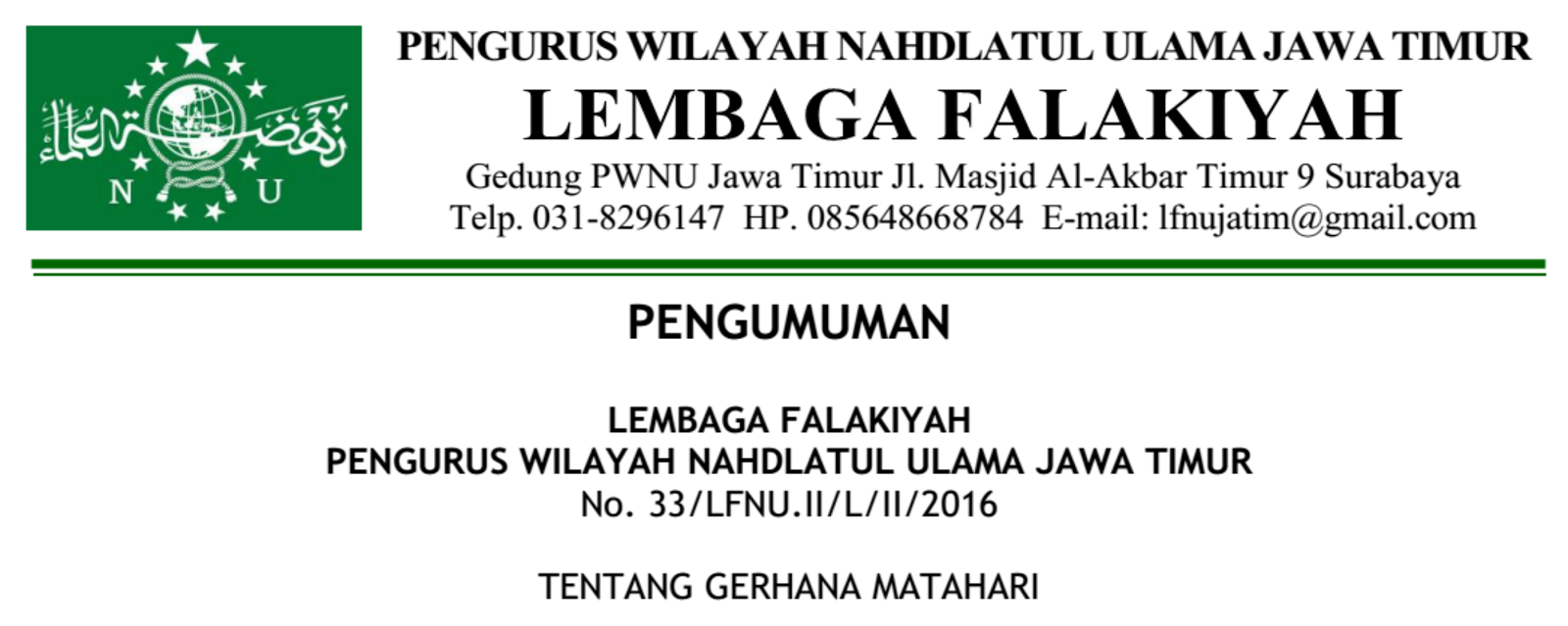 Pengumuman Lembaga Falakiyah PWNU Jatim Tentang Gerhana Matahari