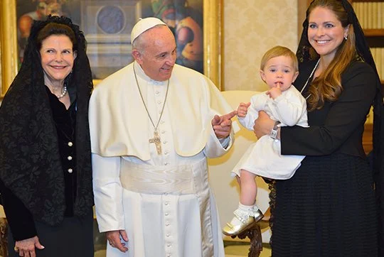 Princess Madeleine of Sweden, Christopher O'Neill and their daughter Princess Leonore, Queen Silvia of Sweden attends a meeting with Pope Francis