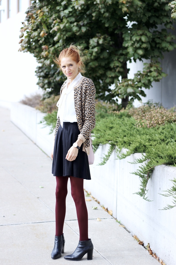 Target leopard cardigan, Rachel's Box burgundy tights, blush Kate Spade Maise