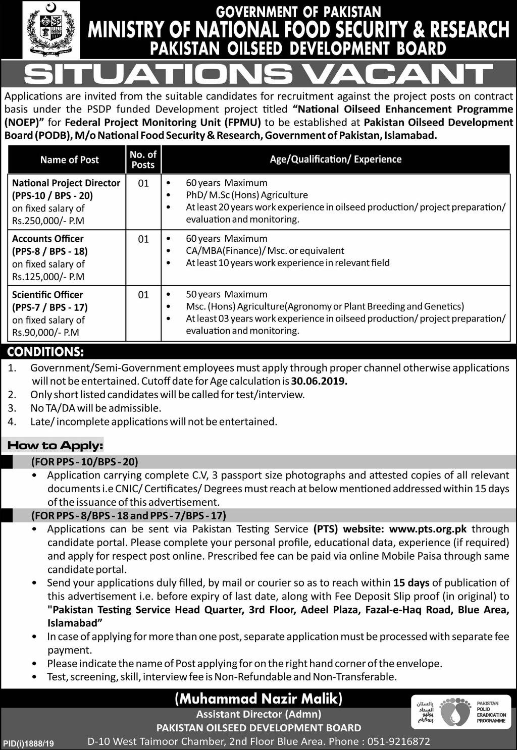 Ministry of National Food Security & Research Jobs 2019