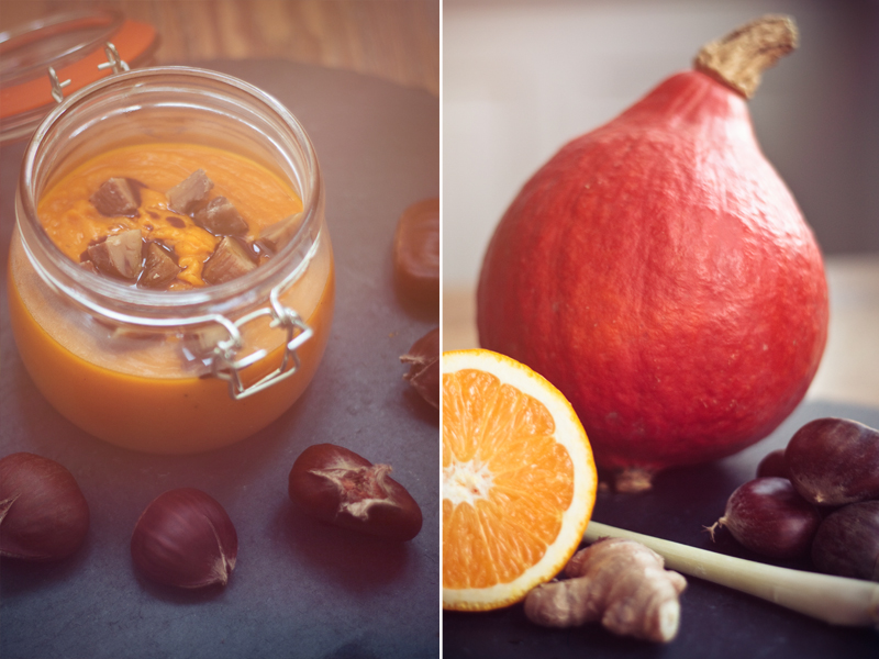 Zum Mitnehmen bitte: Fruchtige Kürbissuppe mit heißen Maronen Zum Mitnehmen bitte: Fruchtige Kürbissuppe mit heißen Maronen