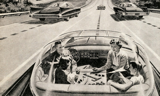 A 1950s illustration depicting a utopian world of driverless cars