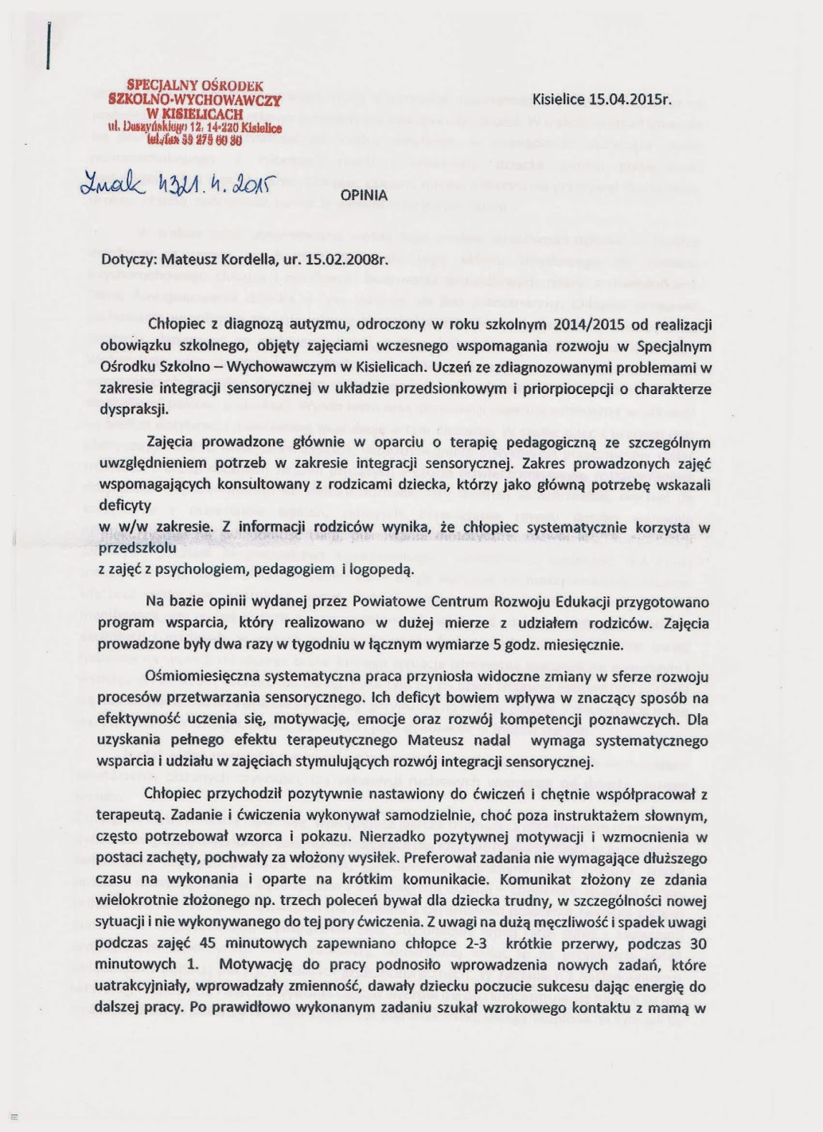 Nasze Miłości - autyzm Miłosza: Opinia SI Mateusz