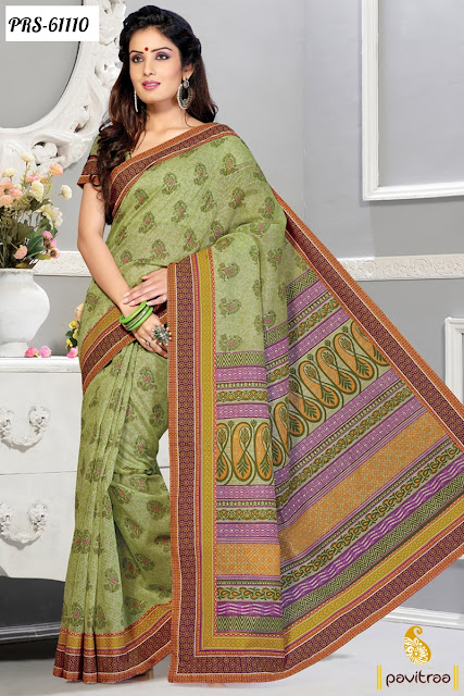 Buy Latest Casual Wear Printed Olive Color Pure Cotton Saree for Sumer Wear Online Shopping with Lowest Cost Rate Price at Pavitraa.in