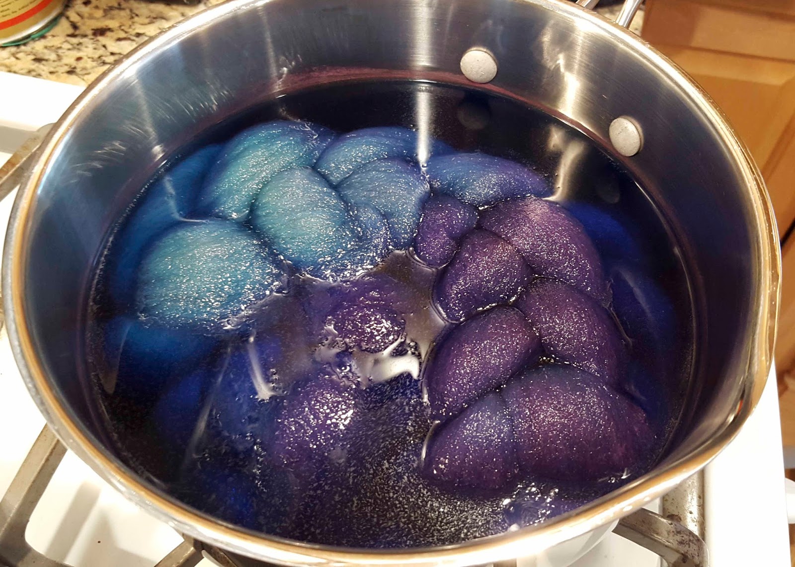 ChemKnits Dip Dyeing Braided Roving into WIlton's Violet Food Coloring