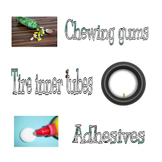 This image shows uses of butyl rubber in chewing gums,tire inner tubes and adhesives.