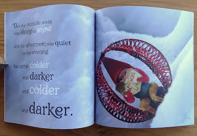 In this scene from the chidlren's book by Bindlegrim, a little Christmas gnome is trapped in the snow.