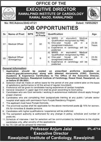 Rawalpindi Institute of Cardiology (RIC) Jobs 2021 in Pakistan Rawalpindi Institute of Cardiology (RIC) Jobs 2021 in Pakistan