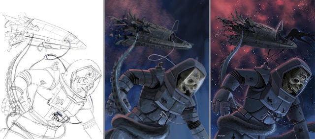 WIP stages of ancient astronaut digital illustration.
