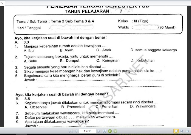 Soal Ulangan Kelas 3 K-13 Tema 2 Subtema 3 dan 4 - SekolahDasar.Net