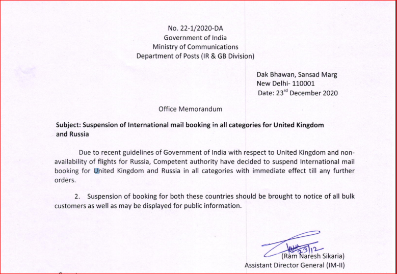 Suspension of International mail Booking in all categories for United Kingdom and Russia India