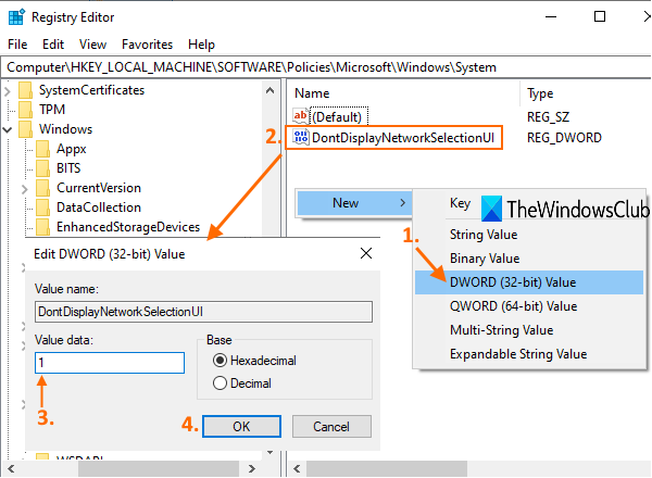 DontDisplayNetworkSelectionUI値を作成し、値データを1に設定します