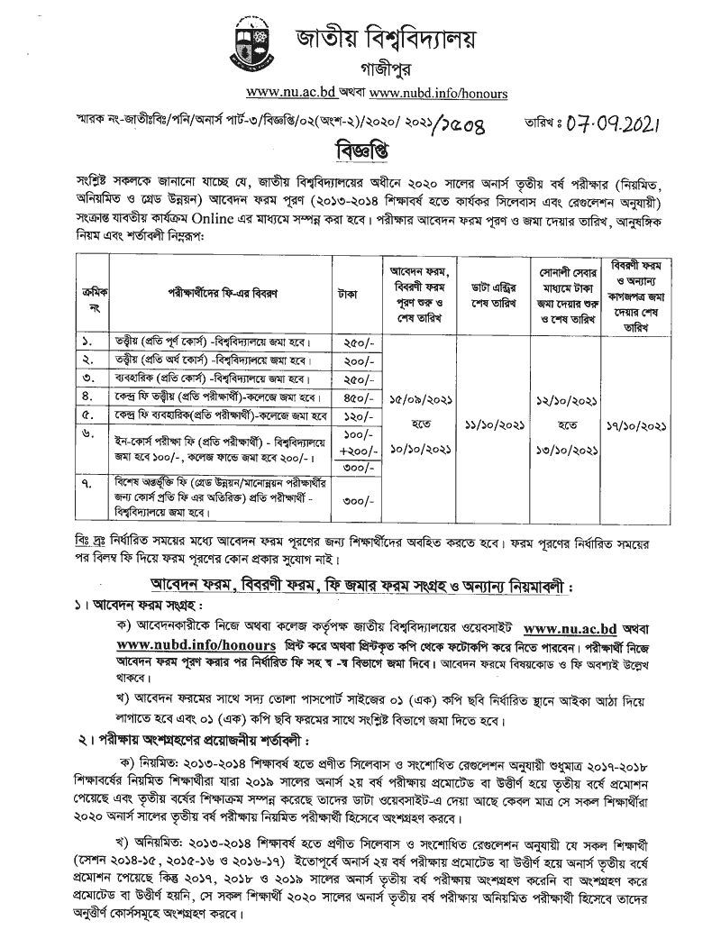 Honours 3rd year exam form fill up notice 2022