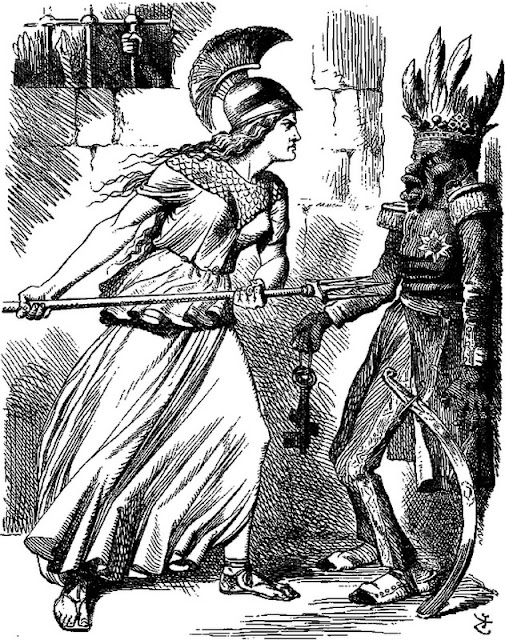 Британская карикатура 1867 года  отражает отношение общественности к Теодросу II.