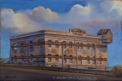 Plein air oil painting of the exterior facade of the ruin of the Edwin Davey and Sons Flour Mill, Pyrmont by industrial heritage artist Jane Bennett