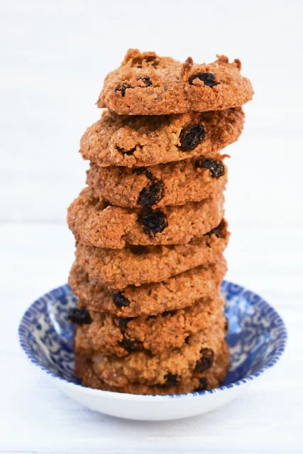 Tall stack of Easy Almond & Raisin Cookies