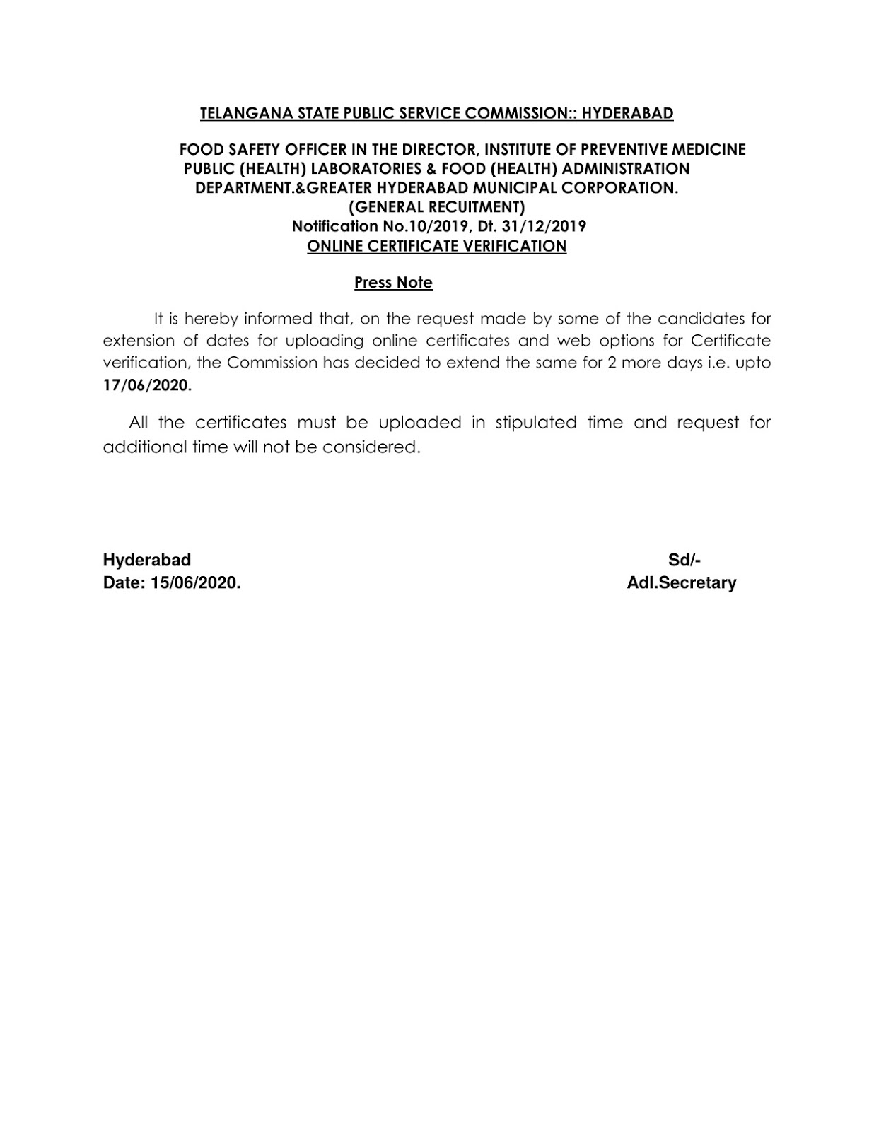 tspsc food safety officer 2019 online certificate verification notification