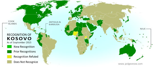 Map of countries that recognize the Republic of Kosovo as an independent state, updated to September 2015, with the most recent additions (Antigua and Barbuda, Cook Islands, and Niue) highlighted. Also shows countries that have refuted claims that they recognized Kosovo: Sao Tome and Principe, Nigeria, and Uganda.