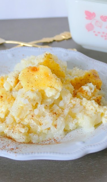 rice pudding close up with pink pyrex