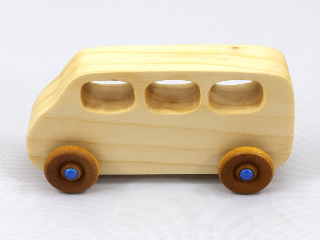 Handmade Wooden Toy Minivan from the Play Pal Series Finished With Nontoxic Clear Shellac and Metallic Blue Acrylic