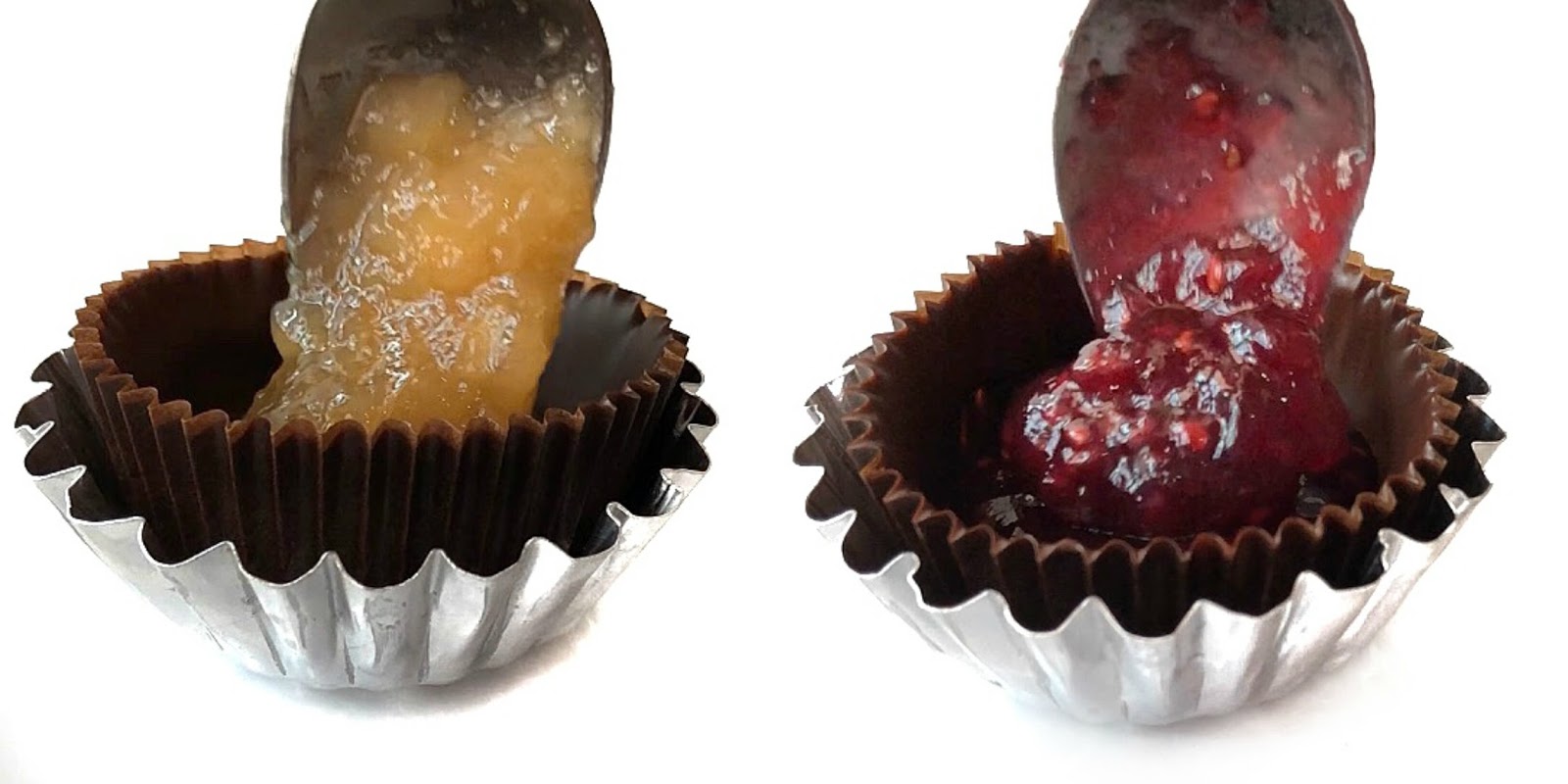 Filling chocolate cups with apple pie filling and raspberry jam filling