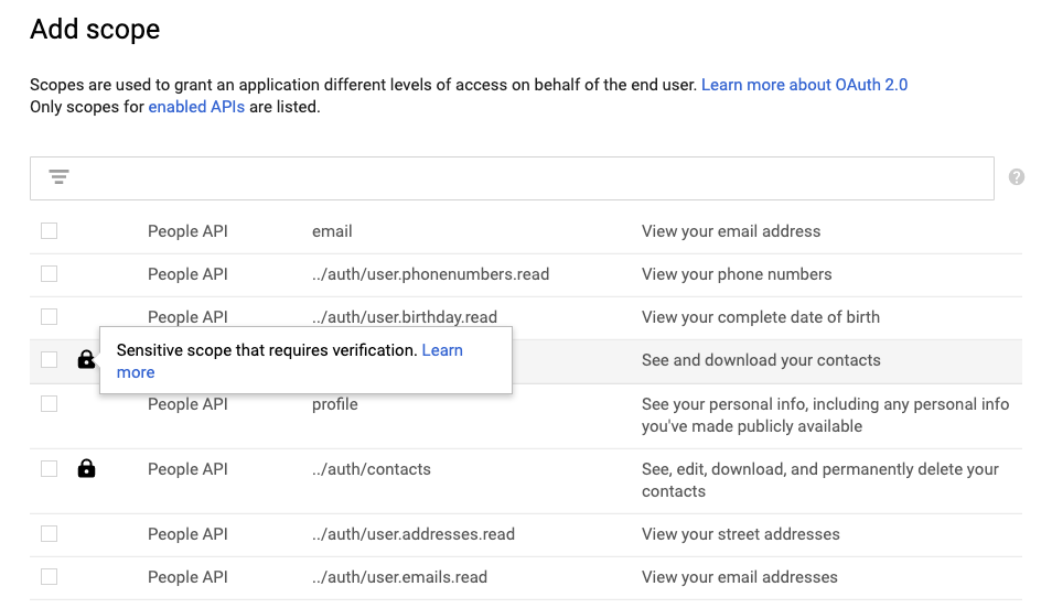 Google Cloud Console’s ‘Add Scope’ to your OAuth client tool and how it highlights sensitive scopes.