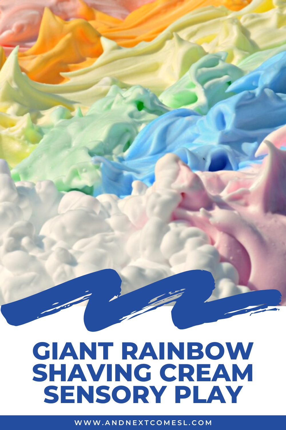 Giant shaving cream rainbow & messy sensory play activity for kids to do outdoors