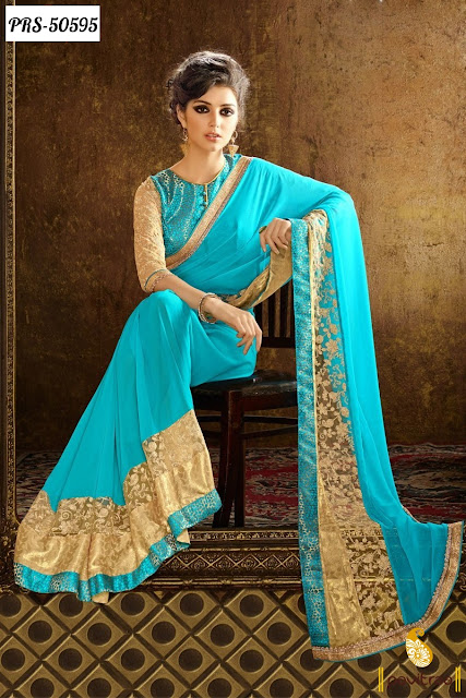 Wedding season 2015 Beautiful turquoise georgette saree online shopping at pavitraa.in