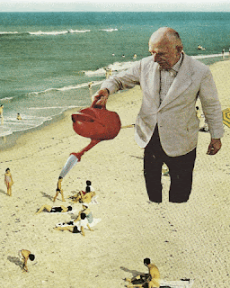 A nonsensical GIF of a giant man in a white jacket using  a watering can to water people on a beach.