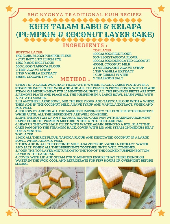 SHC RECIPES KUIH TALAM LABU & KELAPA (PUMPKIN & COCONUT LAYER CAKE) RECIPE