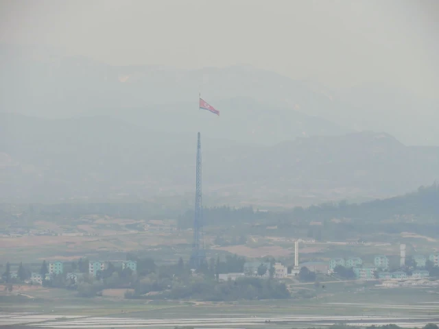 North Korean flag viewed from Odusan Unification Observatory in the DMZ in South Korea