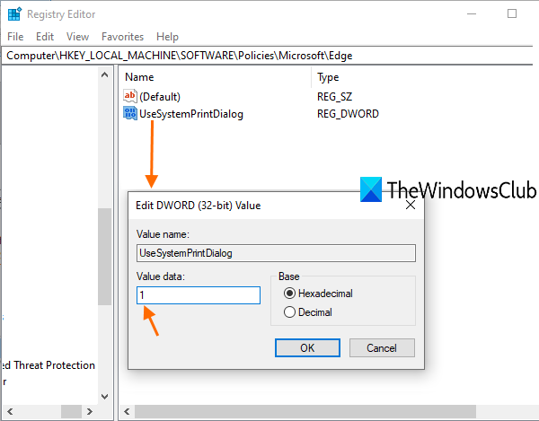 เพิ่ม 1 ในฟิลด์ข้อมูลค่าของค่า UseSystemPrintDialog