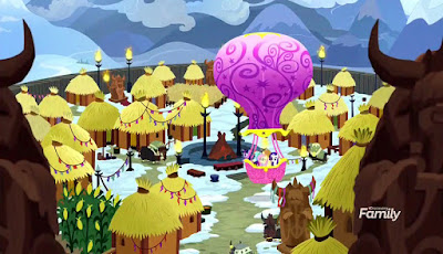 Twilight's balloon, containing the Mane Five, comes in to land in Yakyakistan