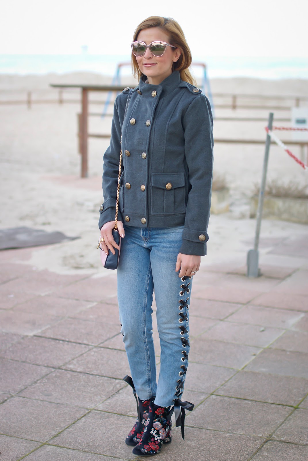 Eyelet jeans and Dresslink grey military jacket on Fashion and Cookies fashion blog, fashion blogger style
