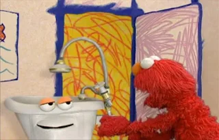 Elmo begins the interview with the bathtub. Sesame Street Elmo's World Bath Time Interview
