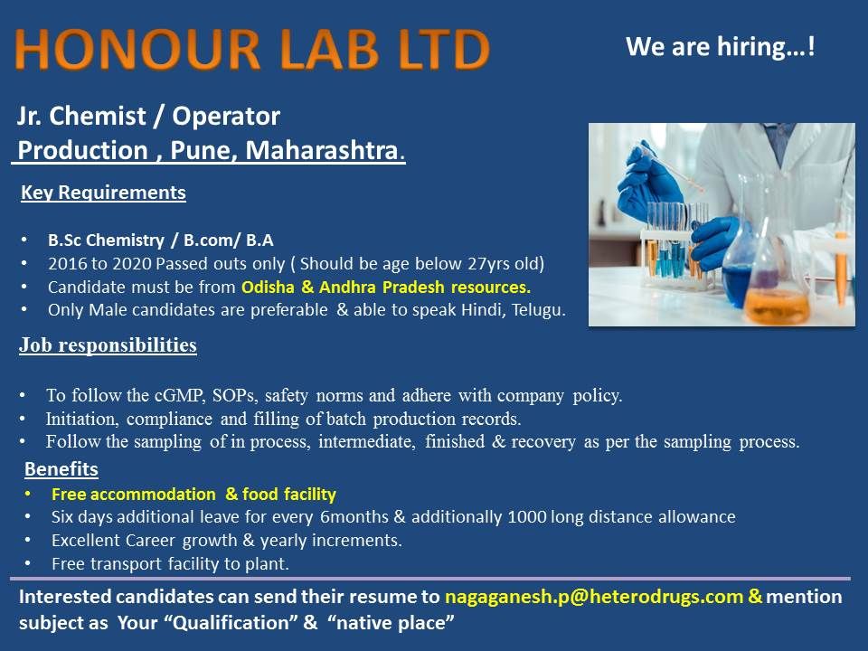 HONOUR LAB LTD Urgent Openings for FRESHERS Jr. Chemist / Operator
