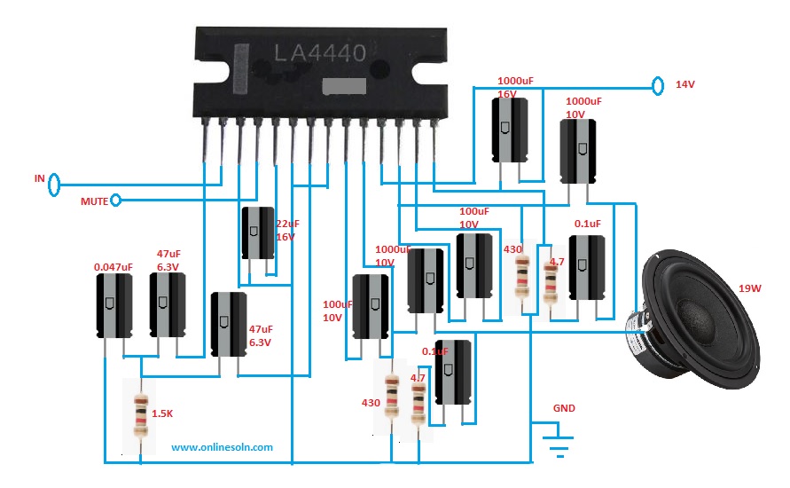 Bridge 19W Power Amplifier designed by using LA4440 IC | Circuit diagram