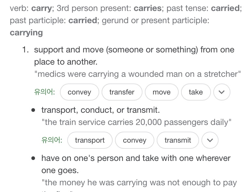Carry의 용법 Carry동사의 단하나의 이미지로 기억하자. Carry on, over, off, around, etc
