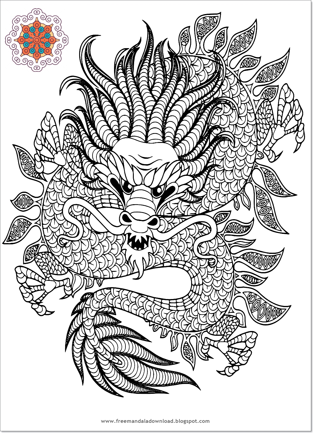 Drachen Mandala Malbuch Seite-Dragons Mandala Coloring Book Page ~ Free